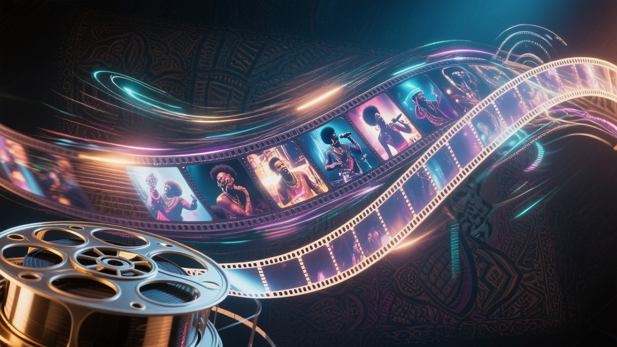 Film reel transforming into glowing video frames with cinematic motion blur